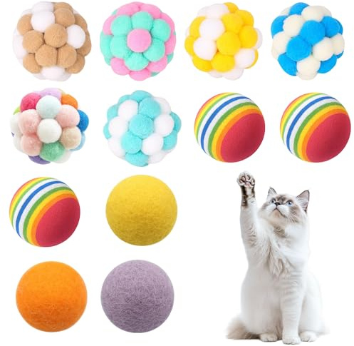 YUESIKJ 12 Stück Filzbälle für Katzen, Katzenspielzeug Bälle mit Glöckchen, Rainbow Katzenspielzeug Bälle, Katzenbälle aus Filz, Katzen-Spielsachen aus Wolle, für Innen Spielen Kauen Kratzen
