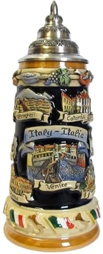 King German Beer Stein Italy Panorama Stein 0.75 Liter tankard, Beer Mug, Cobalt, Hand-Painted, with Pewter lid