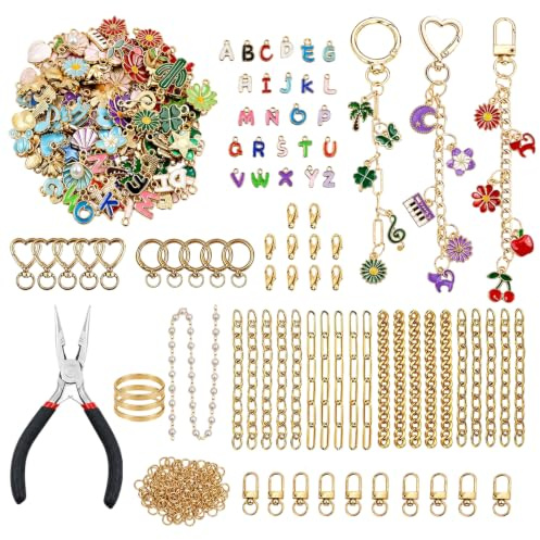 Leseogye 389 Stk Schlüsselanhänger Bastelset DIY – Metall Keychain Selbstmachen Set mit Zange, Karabinern & Anhängern, Umfangreiches Schmuckzubehör für Taschenanhänger & Geschenke