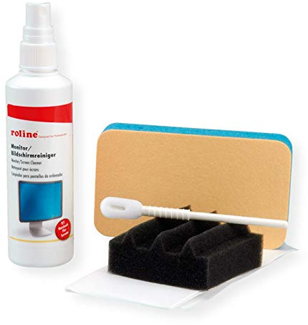 ROLINE PC Reinigungsset | Bildschirmreiniger | Geeignet für Komponenten, Peripherie & Kunststoffe | Inhalt: 125ml Bildschirmreiniger, Schwämme, Tupfer, Tücher