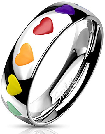 Bungsa Regenbogen Herz Ring für Damen - Silberner Edelstahlring Mit Bunten Herzen - Grün, Gelb, Orange, Rot & Violett - Rainbow LGBT Gay Pride Schmuckring