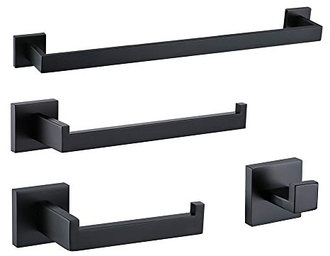 TURS 4 pezzi Bagno Accessorio Impostare SUS 304 acciaio inox Supporto di carta igienica Portasciugamani Accappatoio Anello asciugamano Montaggio a parete, Nero opaco