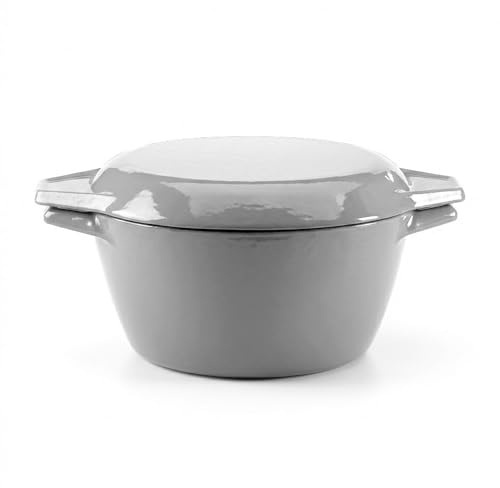 Samuel Groves 2L Enamelled Cast Iron Casserole Dish with Lid - Grey Enamel Dutch Oven Pot - 2-in-1 Sizzle Platter - Induction & Oven Safe Round Stew Pot – Small Family Cooking, Stews & Casseroles