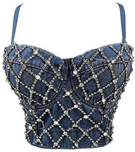 Woboren Dam strass diamant pushup-bustier crop top gotisk punk korsett klubbkläder bh med löstagbart band