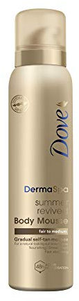 Dove DermaSpa Summer Revived Progressives Selbstbräuner-Körpermousse, streifenfrei, für helle bis mittlere Haut, für Damen und Herren, 48 Stunden Feuchtigkeitspflege, Urlaub-Zubehör, natürliche Bräune, 150 ml