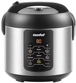 COMFEE' Rice Cooker Upgraded, 6-in-1 Stainless Steel Multi Cooker, Slow Cooker, Steamer, Saute, and Warmer, 2 QT, 8 Cups Cooked(4 Cups Uncooked), Brown Rice, Quinoa and Oatmeal, 6 One-Touch Programs