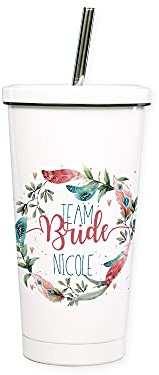 GRAZDesign Trinkbecher mit Deckel und Strohhalm mit Namen personalisiert für Junggesellenabschied JGA Becher, Team Bride Blumenkranz, Edelstahl 550ml