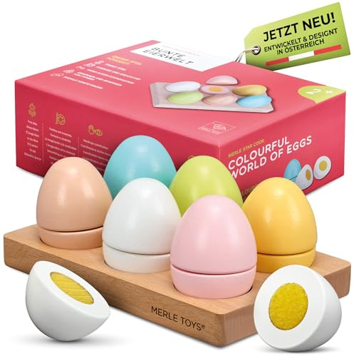 Montessori Eier Spielzeug für Kinder ab 2 Jahren, 6 Bunte Eier Holz | Holzeier Kinderküche Zubehör Holz, Klett in Dotter-Farbe, Ei-Größe L, inkl. Eierablage, fördert Feinmotorik und Rollenspiel