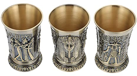 VOSAREA Verres à Shot Égyptiens Vintage Design Rond Unique Fond Stable en Alliage de Zinc Doré Set de 3 pour Bars et Restaurants