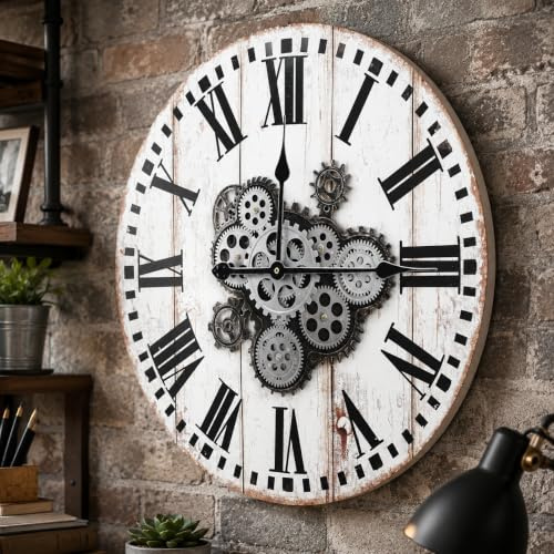 TOKTEKK 61 cm große, dekorative Wanduhr mit echten beweglichen Zahnrädern, batteriebetriebene Retro-Uhr mit römischen Ziffern, leicht zu lesen, für Wohnzimmer/Bauernhaus/Schuldekoration (weiß)