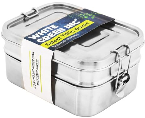 WG inc Stainless Steel Lunch Box, 2 Compartment Food Storage Containers, 1.5 Litre Leakproof Bento Boxes for Adults & Children, Metal Snack Tin for Sandwich, Salads - Steel Bento Lunchbox