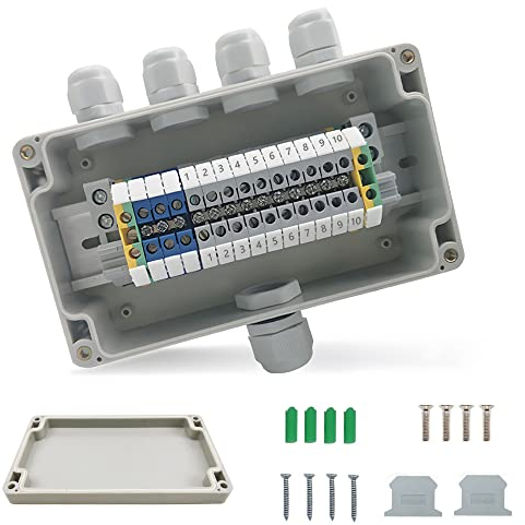 WACH AUF Abzweigdose Wasserdicht IP66, Durchgangsklemme UK 2,5 Klemmen-Kit, DIN-Schienenanschlussblock-Kit mit Verteilerdose Aufputz 1 In 4 Out für DIY Projekte, Automatisierungsprojekte