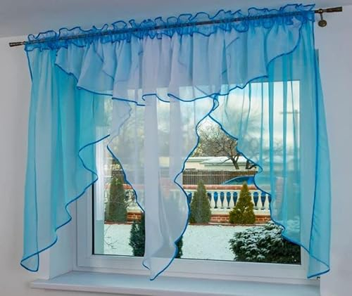 Fertige Gardine Genf 350x150 Blau Voile Fensterdekoration Vorhänge Querbehang Lambrequin