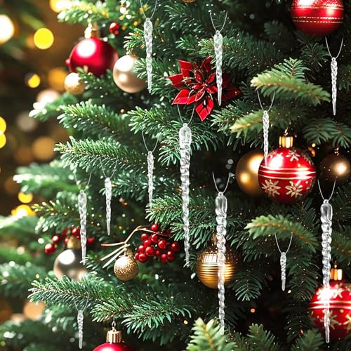 Decoración de árbol de Navidad, adornos de gota de carámbanos de cristal, 40 piezas de varios tamaños, transparentes colgantes de Navidad, decoraciones de gota de carámbano con cuerda, colgante de