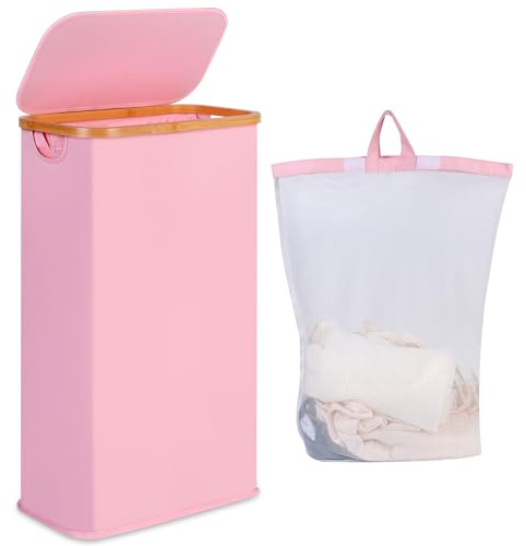 iEGrow 65L Slim Laundry Hamper, Narrow Laundry Basket with Lid,Foldable Clothes Hamper with Bamboo Handles,Hamper Basket with Removable Inner Bag for Laundry Room Bedroom College Dorm,17.17 Gals Pink
