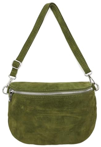 Made in Italy Damen Leder Tasche Brusttasche Gürteltasche Crossbody Hüfttasche Bauchtasche Umhängetasche Wildleder Crossover Schultertasche Handytasche Bodybag Olivgrün
