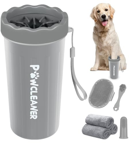 Comotech Paw Cleaner for Large Dogs (with Bath Brush & 3 Absorbent Towels) - Foot Washer with Adjustable Ring Handle for Long Short Haired Dogs (Large, Grey)