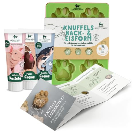 Knuffelwuff Hundekekse und Hundeeis Set mit 3 Silikonformen, Rezepten und Tubensnack Mix - Hitzebeständigkeit von -40°C bis 220°C - Perfekt für Hundetraining