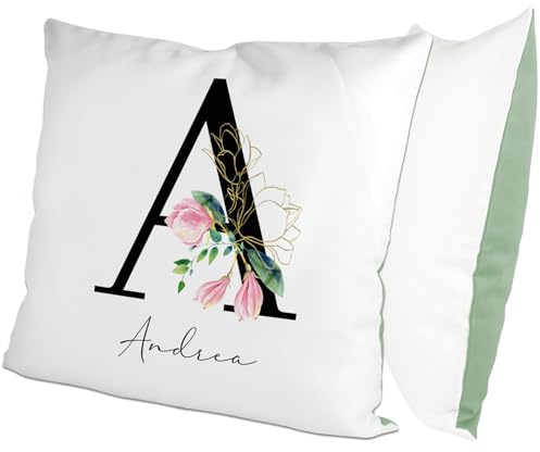 glitzertassen.de® | Blumenbuchstabe mit Namen | Kissen mit Blumenmotiv | Geschenk | Personalisiert | Kissen mit Druck | Freunde | Deko Kissen | Fotokissen | Kuschelkissen | Weiß/Grün