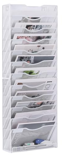 TQVAI Schreibtisch Organizer, 12 Fächer Zeitschriftenhalter Wand Metall Dokumenten Organizer A4 Papier Ablage Postsortierer für Büro Zuhause Schule, Weiß