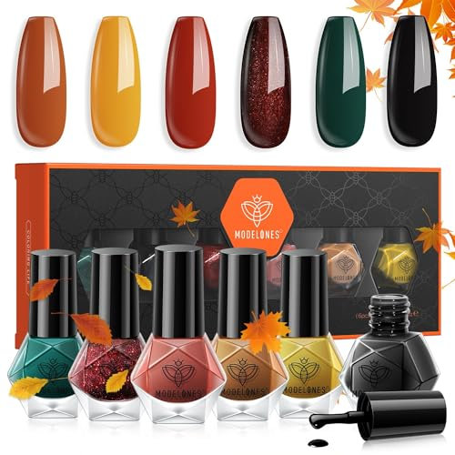 Modelones Nail Polish Set 6 Colors Fall Winter Yellow Orange Nail Varnish Kit Quick Dry Nail Polish Black Green Long Lasting Manicure Diy Home Salon For Women