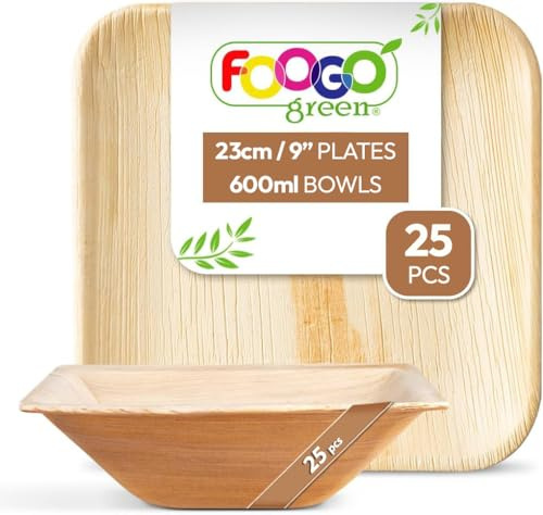 FOOGO Green 50pcs Palm Leaf Plates and Bowls, Square