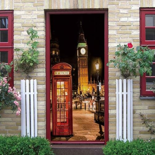 Türtapete Selbstklebend Nachtansicht Der Roten Telefonzelle In London 90 X 200 Cm Türtapete Selbstklebend Türposter,Fototapete Selbstklebend 3D Pvc Türaufkleber Diy Türbild,Türfolie Poster