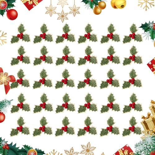 LUVDECO 30 PCS Foglie e Bacche di Agrifoglio, Bacche Agrifoglio per Decorazioni, Bacche Natalizie per Decorazioni Natale, Materiali di Decorazione Della Corona, Artigianato fai da te (Rosso)
