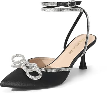 DREAM PAIRS Kitten Heels mit Strassschleife | Knöchelriemen, spitz zulaufenden, geschlossenen Zehen für Damen, Brautschuhe Party Pumps