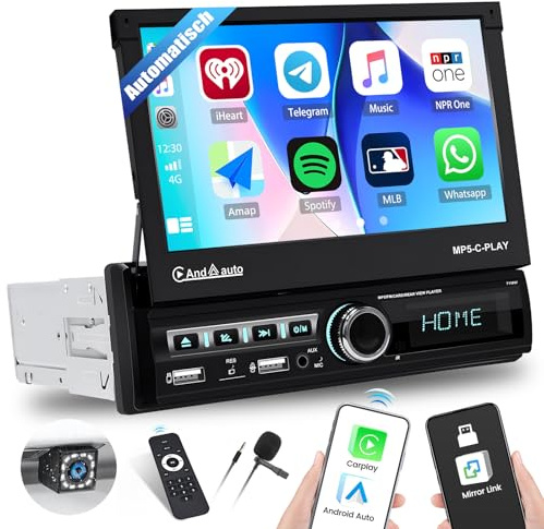 SIXTOP Autoradio 1 Din mit Automatisch Versenkbarer Bildschirm mit Wireless Carplay Android Auto 7 Zoll Radio Stereo 1Din mit EQ Bluetooth Mirror Link FM AUX TF USB SWC Fernsteuerung Rückfahrkame