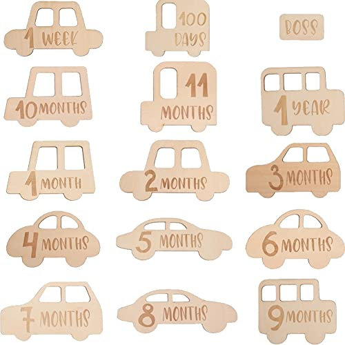 Abbdbd 15 Stück Monatliche Baby-meilensteinkarten, Autoform, Holz-Baby-meilensteinschild, Erstes Jahr, Wachstumskarten, Fotokarten-Requisiten Für Neugeborene