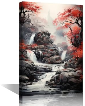 TISHIRON Wald-Wandkunst, 1 Stück, Wasserfall-Bilder, Leinwanddruck, roter Baum, Kunstwerk für Zuhause, Wände, gerahmt, Landschaftsmalerei für Schlafzimmer, Büro, Dekorationen, 61 x 40,6 cm