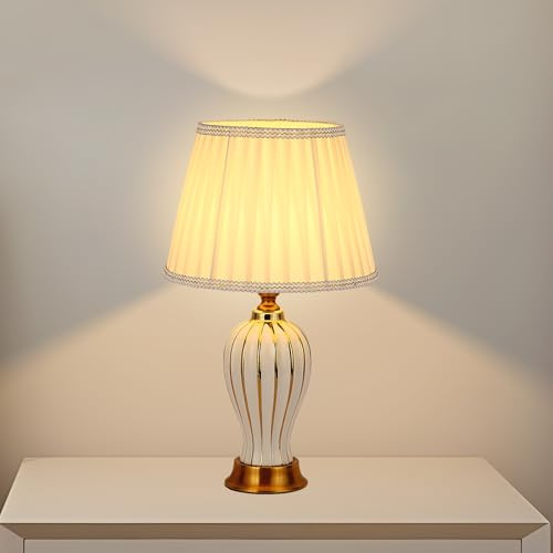 HvKvHvY Lampada Da Tavolo Moderna E27 Retro Ceramica Luce Notturna Bianca In Tessuto Lampada Da Scrivania Illuminazione Decorativa Per Soggiorno Camera Da Letto Studio Lampada Da Comodino (Bianco)