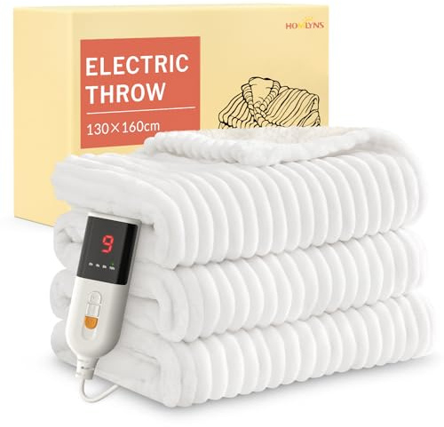HOMLYNS Electric Heated Blanket Throw, 160 x 130cm Cozy Soft Flannel & Sherpa Heating Blankets with 9 Fast Heat Levels & 2-10 Hours Timer, Warm Gifts for Women Mom Grandma, UKCA Certified, White