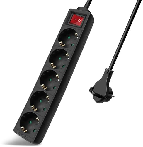 EXTRASTAR Regleta Alargador con 5 Enchufes e Interruptor, Cable 1.5M Clavija Plana, para el hogar, Oficina y Viajes, 16A, 250V, 3680W, Negro