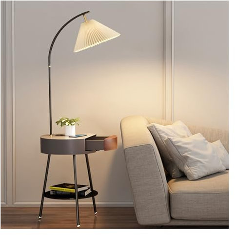 CJHFR472SG Moderne Lampadaire avec table, lampadaire avec tiroir, table d'appoint avec port de chargement USB, table de chevet moderne for salon, chambre à coucher, chambre d'amis Decoration(Noir)
