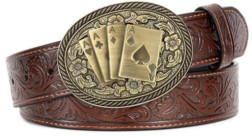 SANSTHS Cowboy Belts for Men Women Western Leather Belt with Texas Poker Buckles Vintage Dark Brown Cowgirl for Jeans
