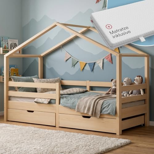 Bellabino Abia Hausbett 90x200 cm, Natur, Matratze, 2 Schubladen, Kiefer | Montessori Kinderbett mit Rausfallschutz & Lattenrost, für Jungen & Mädchen, Holzbett, Kinderbettgestell, Kinderzimmermöbel