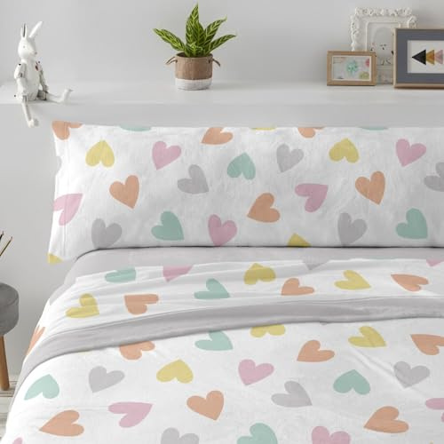 Burrito Blanco | Juego de Sábanas Coralina Invierno Cama 105 con Corazones | 3 Piezas: Bajera, Encimera y Funda Almohada | Sábanas Invierno Cálidas | Tacto Suave | Apto Lavadora