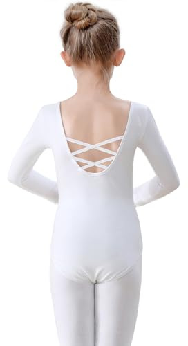 FONLAM Body da Ginnastica Artistica per Bambine Manica Lunga Body da Danza Classica Balletto Cotone (Bianco, 3-4 Anni)