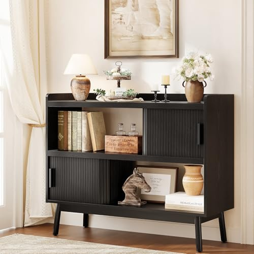 ONBRILL 44 Sideboard Buffet Cabinet with Outlet & 2 Open Storage Spaces, Fluted Sideboard Cabinet with Sliding Door & Adjustable Shelves, Mid-Century Accent Coffee Bar Console Table with Wooden Feet
