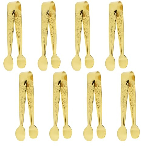 8Pcs Mini Serving Tongs for Party, 4.2Inch Rose Relief Stainless Steel Sugar Cube Tongs, Gold Small Ice Tongs Set for Serving Food, Tea, Coffee, Appetizers, Desserts (Gold)