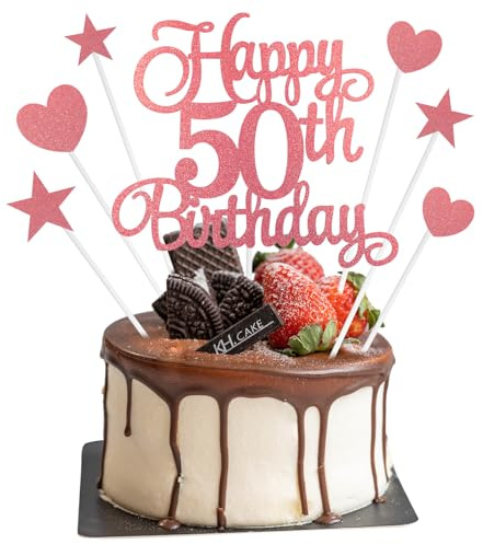 50 th Birthday Cake Decorations, 7 Pcs 50th Birthdays Cake Topper Set, Glitter Happy 50th Birthday Toppers & Heart Star Cupcake Picks for Party Cakes Decorations (Rose Gold)