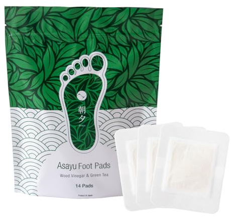 Asayu Japan Natural Cleansing Foot Pads, 14 Natural Foot Patches with Wood Vinegar, Herbs & Japanese Green Tea, Relaxing Overnight Care for Fatigue & Restful Sleep