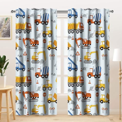 Kzzfqxb 117x138cm Kinder Vorhänge 2 Paneele, Baustelle Straßenbau-LKW Bagger Kran Bulldozer Lichtfilterung Karikatur Vorhang, Hellblau Gelb Dekoration für Jungen Kinderzimmer Kindergarten Wohnzimmer
