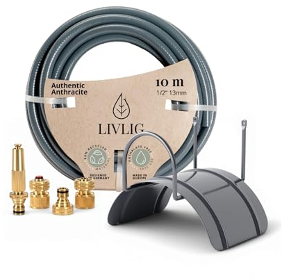 LIVLIG Juego de manguera de jardín de 1/2 pulgadas, 10 m, manguera de agua de 1/2 pulgadas, incluye soporte de pared y pistola pulverizadora de latón (regulable) y acoplamientos, kit de riego de 10 m