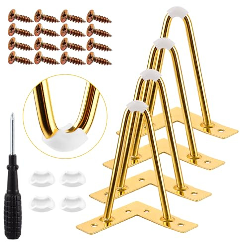 MIVIDE 4 Stück Haarnadel Tischbein 15cm, Metallfüße Gold Couchtisch Beine, Hairpin Legs Haarnadel Tischbeine Mit Bodenschoner und Schrauben für Sofa, Möbel