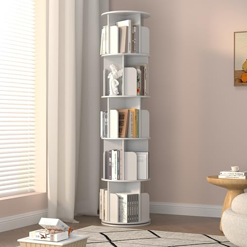 Jpiziso Drehbares Bücherregal 360 Grad, Standregal Drehregal Dekoregal Holz Platzsparendes Aufbewahrung, Rundes Karussell, Eck Organizer für Kinderzimmer, Wohnzimmer, Schlafzimmer, Weiß, 40 x 169 cm