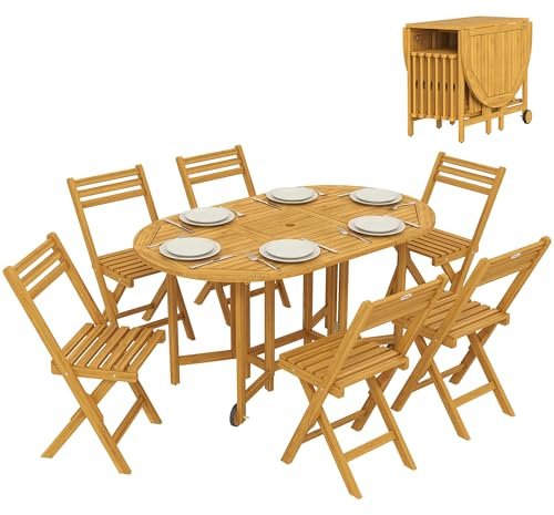 Outsunny Gartenmöbel Set Akazienholz 7-teilig Klappbar Naturholz | Sitzgruppe, Tisch mit 6 Klappstühlen, Rolle, Schirmloch, Lamellendesign, Wetterfest, Essgruppe, Gartenset für Terrasse
