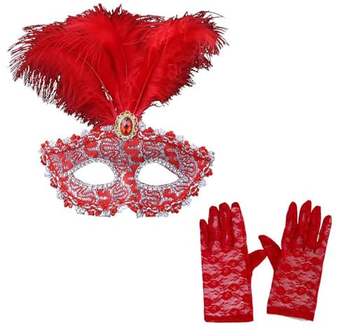 XFSRG Máscara Veneciana Antifaz Carnaval Máscara Mascarada de Media Cara Encaje con Guantes Encaje y Adorno Plumas para Fiesta de Disfraces Baile Carnaval Mascarada Mujer